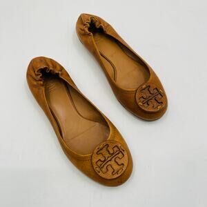 Tory burch brown leather round toe ballet flats